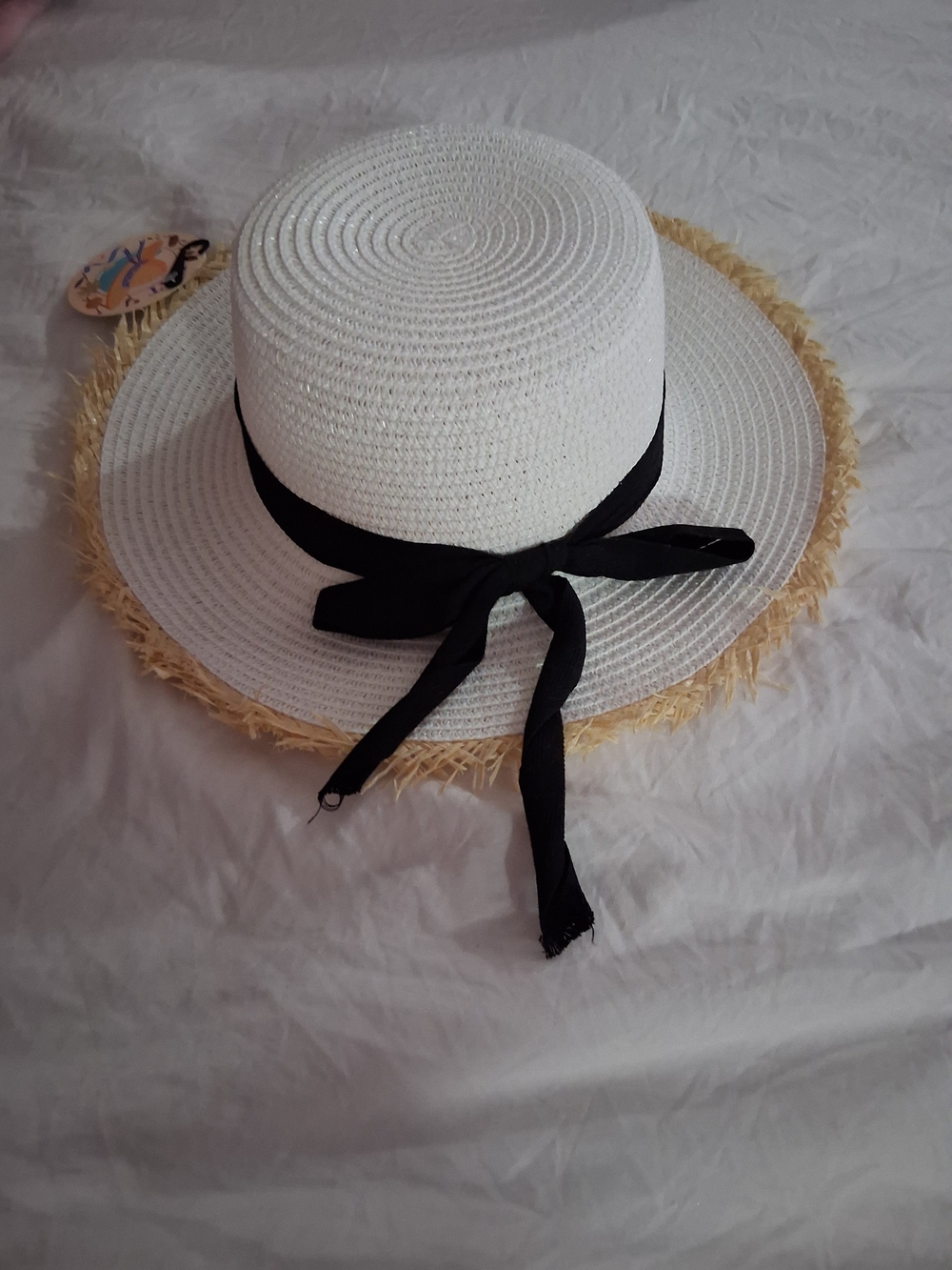 Beachy White Straw Sun Hat with Black Bow and Natural Fringed Brim